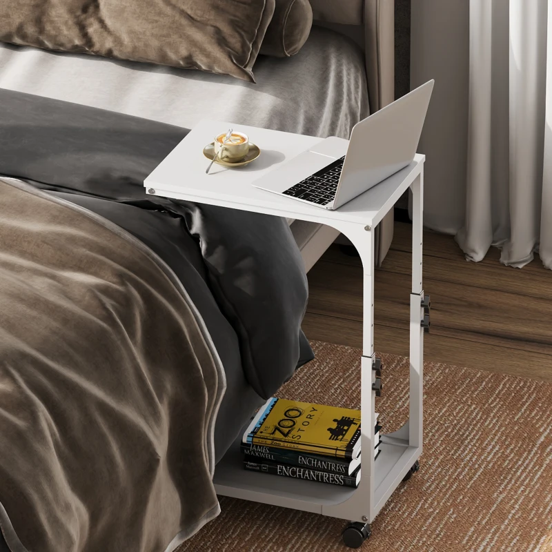 WLIVE Height Adjustable C-Shaped Side Table, Sturdy Steel Frame Sofa Table with 4 Lockable Wheels, Ideal for Living Room, Bedroom and Small Spaces, White