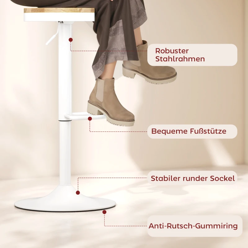 HOMCOM Barhocker 2er Set, Höhenverstellbar 360° Drehbar Barstuhl mit Stahlgestell Fußstütze 38,5x38,5x60-80 cm Naturholz+Weiß
