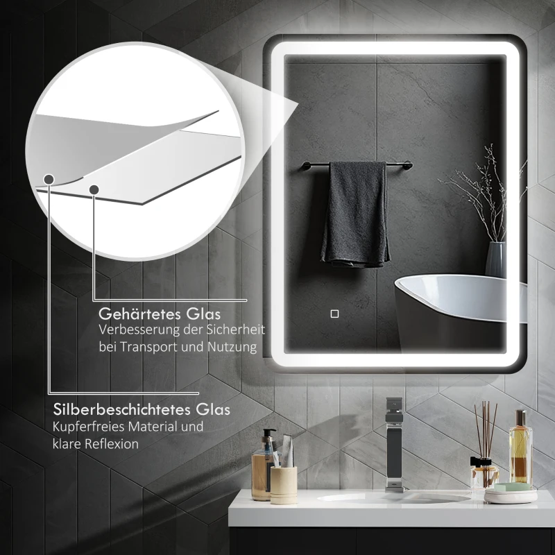 HOMCOM Badezimmerspiegel, beleuchtet, Touch-Steuerung, beschlagfrei, dimmbar, 3 Lichtfarben, 70x90, Silber