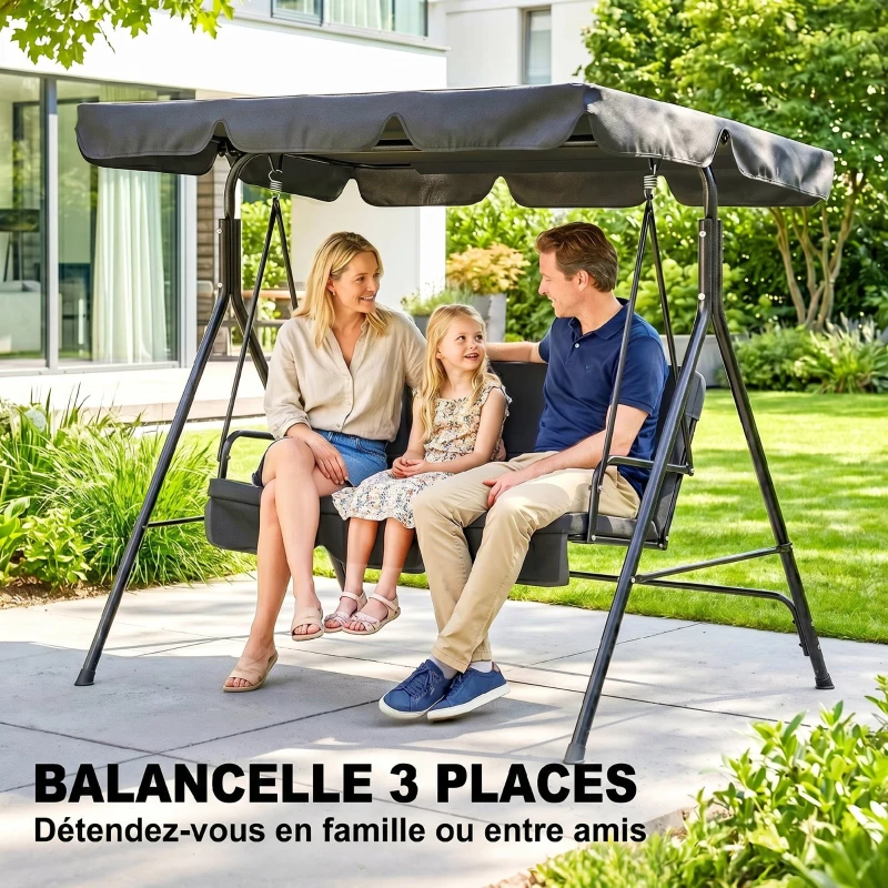 Outsunny Balancelle de Jardin 3 Places Toit Inclinaison réglable Coussins Assise et Dossier Acier Noir Polyester Noire