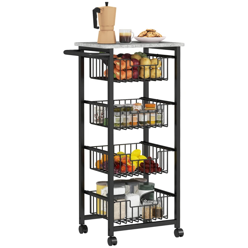 HOMCOM 4-stufige Küchenwagen auf Rädern, Rollbarer Servierwagen, Küchen-Trolley mit 4 Stahlkörben, Servierwagen