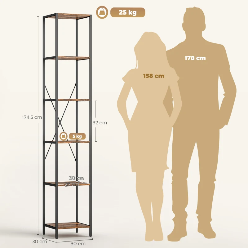 HOMCOM 2er-Set 6-Ebenen-Bücherregal, Stahlrahmen, für Wohnzimmer, Büro, Schlafzimmer, Rustikal-Braun