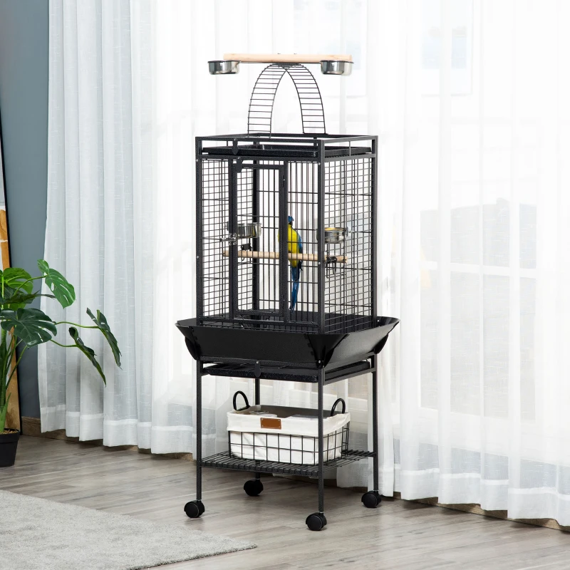 PawHut 156cm Bird Cage,Large Parrot Cage with Open Play Top, Perch, Seed Guard, Wheels, Storage Shelf, Dark Grey