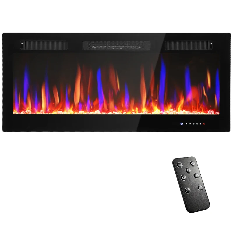 HOMCOM Elektrischer Kamin, Wandmontage, verstellbare Flammen, Thermostat, Timer, Stahl, Schwarz