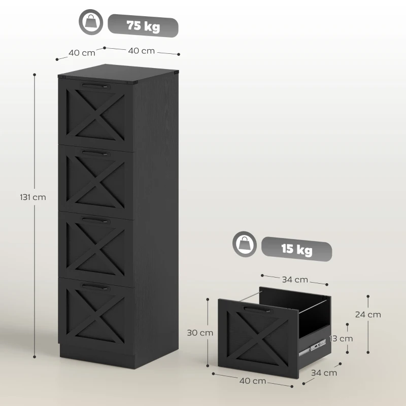 HOMCOM Gaveteiro de Escritório com 4 Gavetas, Pastas Suspensas para Formatos Letter/A4, Estilo Rústico, 40x40x131cm, Preto
