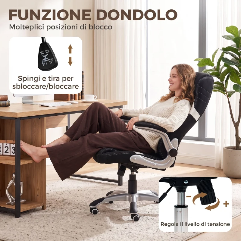 Vinsetto Sedia da Ufficio Ergonomica in Tessuto con Supporto Lombare e Altezza Regolabile, Nero