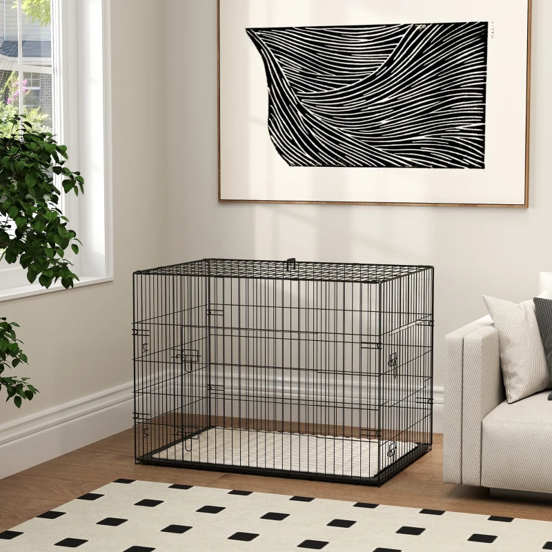 PawHut Jaula para Perros Plegable con Cojín Puertas Bandeja Extraíble y Marco de Alambre Metálico 90x57,5x62 cm Negro y Beige