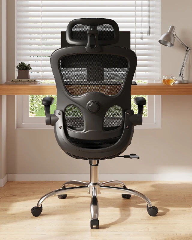 DEVAISE Ergonomic High Back Chair, Breathable Mesh Office Chair Featuring Dynamic Lumbar Support, Adjustable Headrest, 3D Armrests and 360° Swivel Function for Home Office, Black
