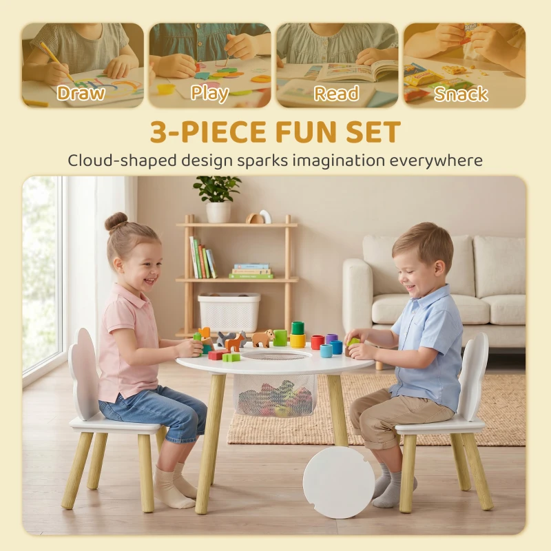 AIYAPLAY Kids Table and Chairs Set with Storage Bag Toddler Table and Chairs Set 3 Piece for Playroom White