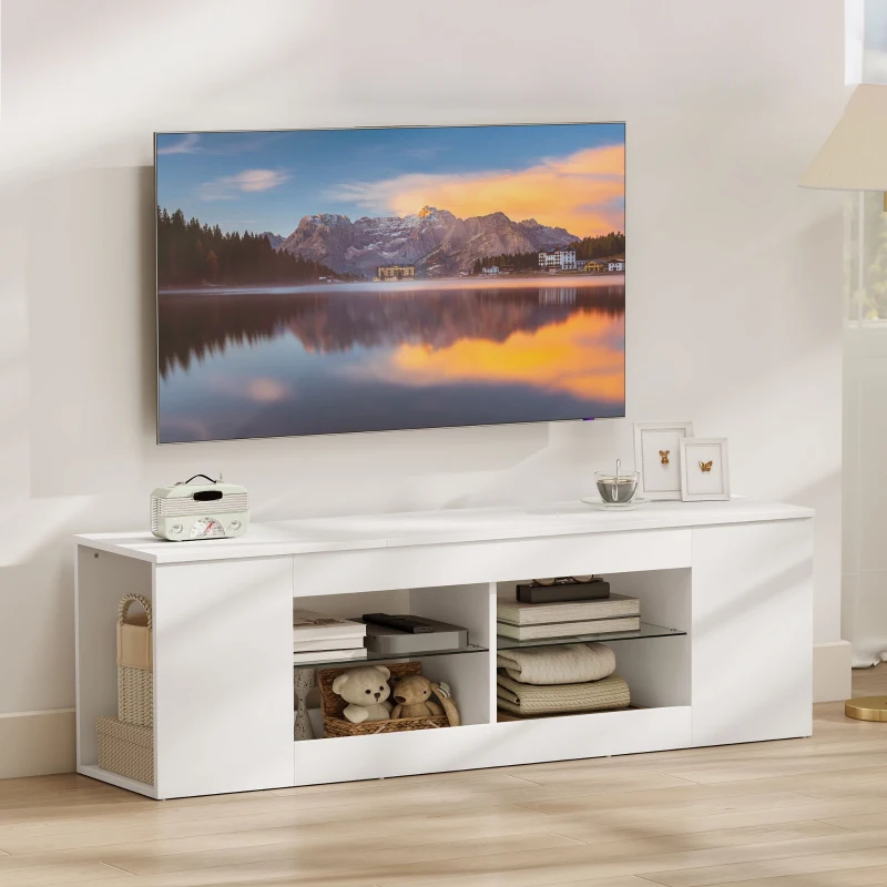 HOMCOM 140 cm TV-Ständer, Fernseh-Kommode, 6 Fächer, 2 Glasregale, Spanplatte, Weiß