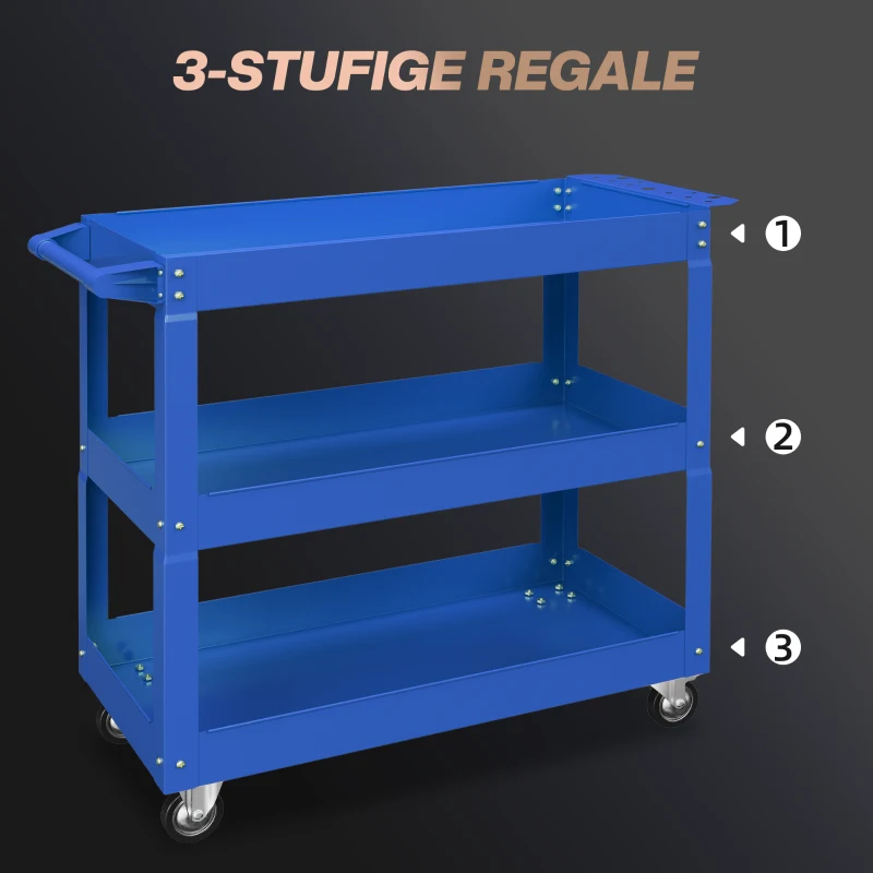 DURHAND 3-stufiger Werkzeugwagen, 4 Rollen, Stahl, 83B x 35,3T x 76H cm, Blau