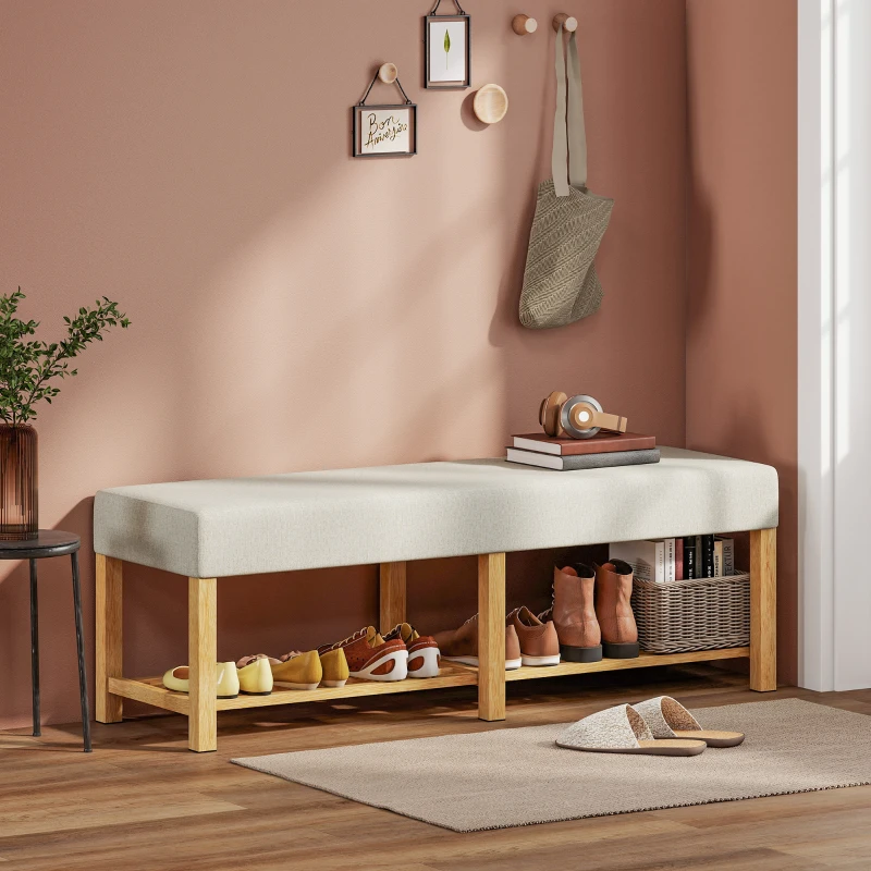 HOMCOM 140 cm Schuhbank aus Massivholz, moderne Flurbank mit gepolsterter Sitzfläche für zwei Personen, Naturholz und Cremeweiß