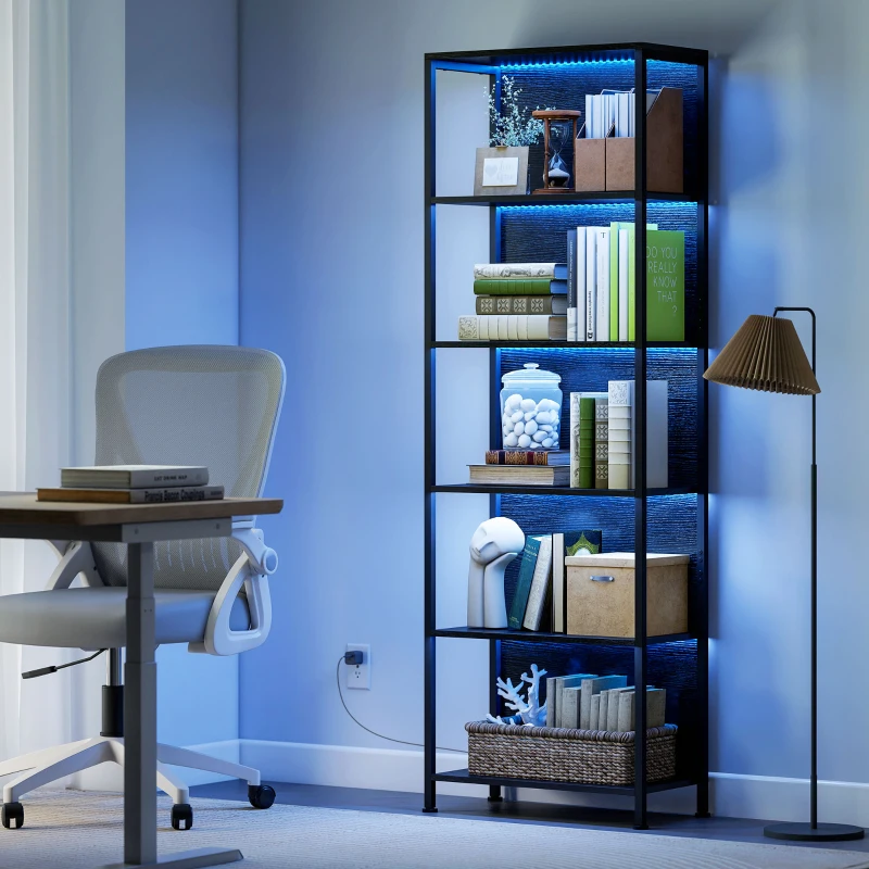 HOMCOM Bücherregal mit 5 Ebenen Standregal mit LED-Beleuchtung, 7 Lichtfarben, für Wohnzimmer, 60 x 30 x 179 cm Schwarz