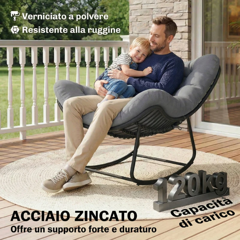 Outsunny Sedia a Dondolo stile Boho in Rattan e Metallo con Cuscino Morbido, 87x110x70 cm, Grigio Scuro