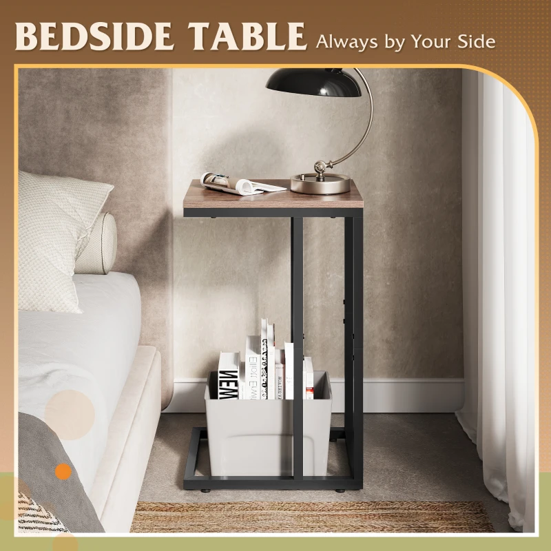 WLIVE C-Shaped Side Table, Built with Solid Metal Frame and Open Storage Design, Slim Structure Perfect for Small Spaces, Ideal for Living Room and Bedroom, Brown