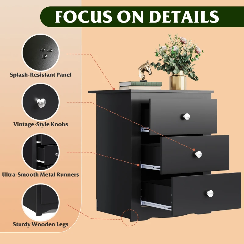 WLIVE 3-Drawer Wooden Bedside Table with Charging Station, USB Ports & Plug Sockets, Nightstand with Storage for Bedroom, Living Room, Office (2, Black)
