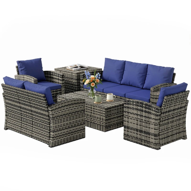 Outsunny 6 Pieces Rattan Garden Furniture Set, 7 Seater Wicker Outdoor Furniture Set with Storage Tea Table & Side Table, Sectional Garden Sofa Set with Cushions, Navy Blue