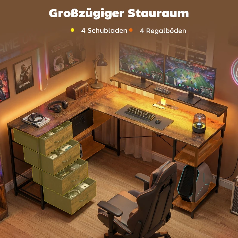 HOMCOM Gaming Tisch L-förmig Schreibtisch mit Stromanschluss LED-Beleuchtung 4 Schubladen Monitorständer 155x110x91,4 cm Braun