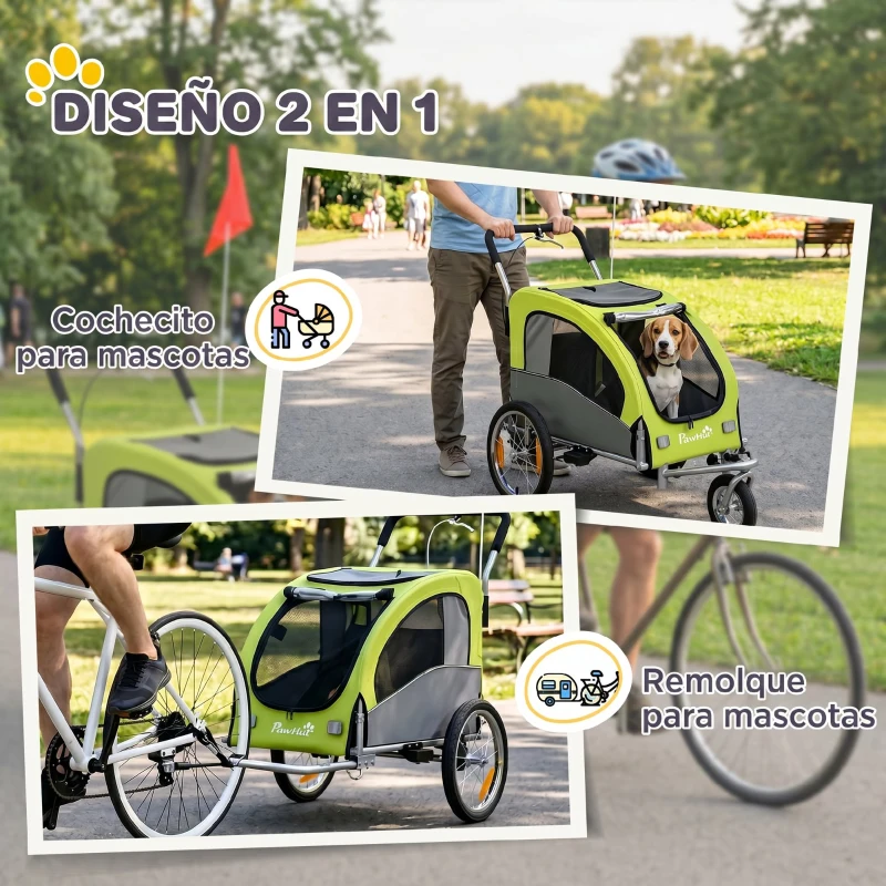 PawHut Remolque de Bicicleta Perros 2 en 1 Carrito Perros Medianos Plegable con Suspensión Neumáticos Grandes Ventanas Verde