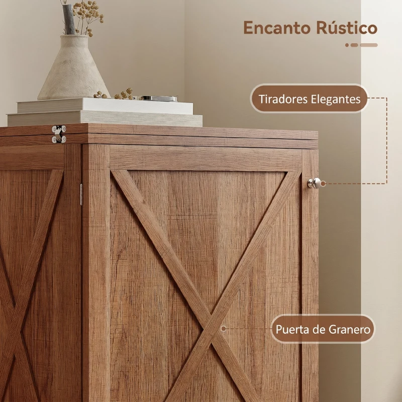 HOMCOM Mesa de Costura Plegable, Mueble de Costura Rodante, Puerta Magnética de Granero, 2 Cubetas, Repisa, 18 Clavijas, Marrón