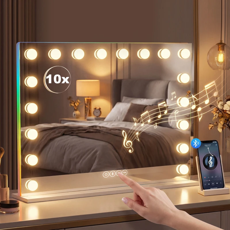 HOMCOM Hollywood Schminkspiegel mit 18 dimmbaren LED-Lampen, 3 Farben, RGB-Licht, Bluetooth-Lautsprecher, 10x Vergrößerung Weiß