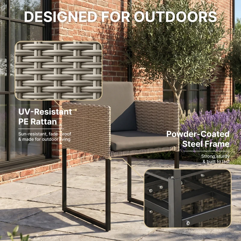 Outsunny 7 Piece Rattan Garden Furniture Set, Garden Dining Set with Wood-Plastic Table and 6 Stackable Chairs, Light Grey
