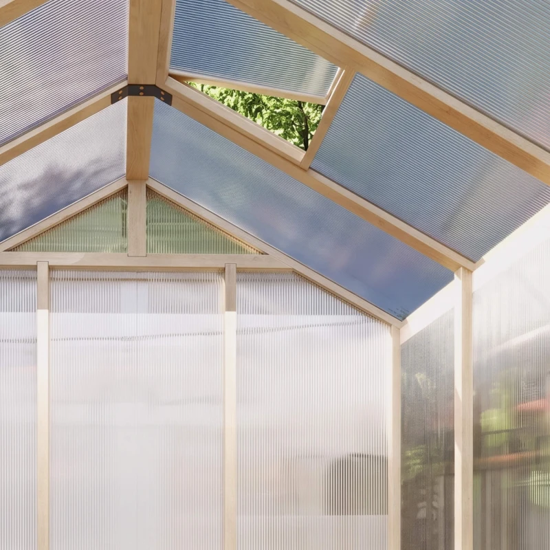 Outsunny 6.6 x 6ft Polycarbonate Greenhouse, Walk-in Wooden Greenhouse with Lockable Door and Window, Garden Plants Grow House, Brown