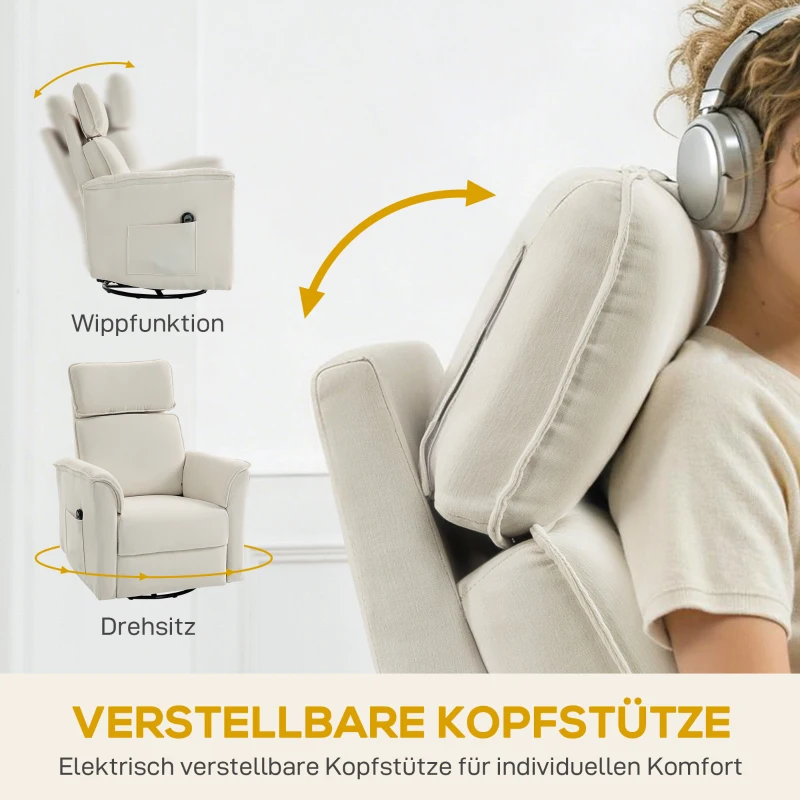 HOMCOM Relaxsessel Elektrisch mit Liegefunktion, Verstellbare Rückenlehne, Kopfstütze für Wohnzimmer Cremeweiß