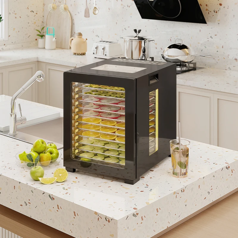 HOMCOM Dörrautomat Dörrgerät, 850 W, 40-70°C Temperaturregler, 48 Std. Timer, 12 Einlegefächer Edelstahl Schwarz(m-10)