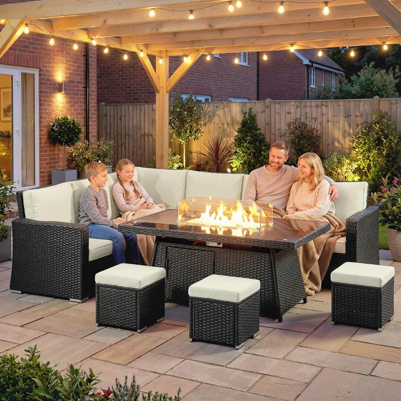 Outsunny 7 Pieces PE Rattan Garden Furniture Set, 50,000 BTU Gas Fire Pit Table, Double Corner Sofa and 3 Footstools