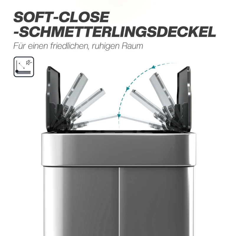 HOMCOM Sensor-Mülleimer, 55 L Kapazität, Schmetterlingsdeckel, öffnet automatisch, Edelstahl, Silberfarben