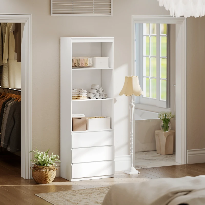 HOMCOM Bibliothèque haute de 180 cm avec 3 étagères et 3 tiroirs 60 x 35 x 180 cm en bois blanc