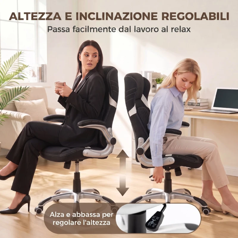 Vinsetto Sedia da Ufficio Ergonomica in Tessuto con Supporto Lombare e Altezza Regolabile, Nero