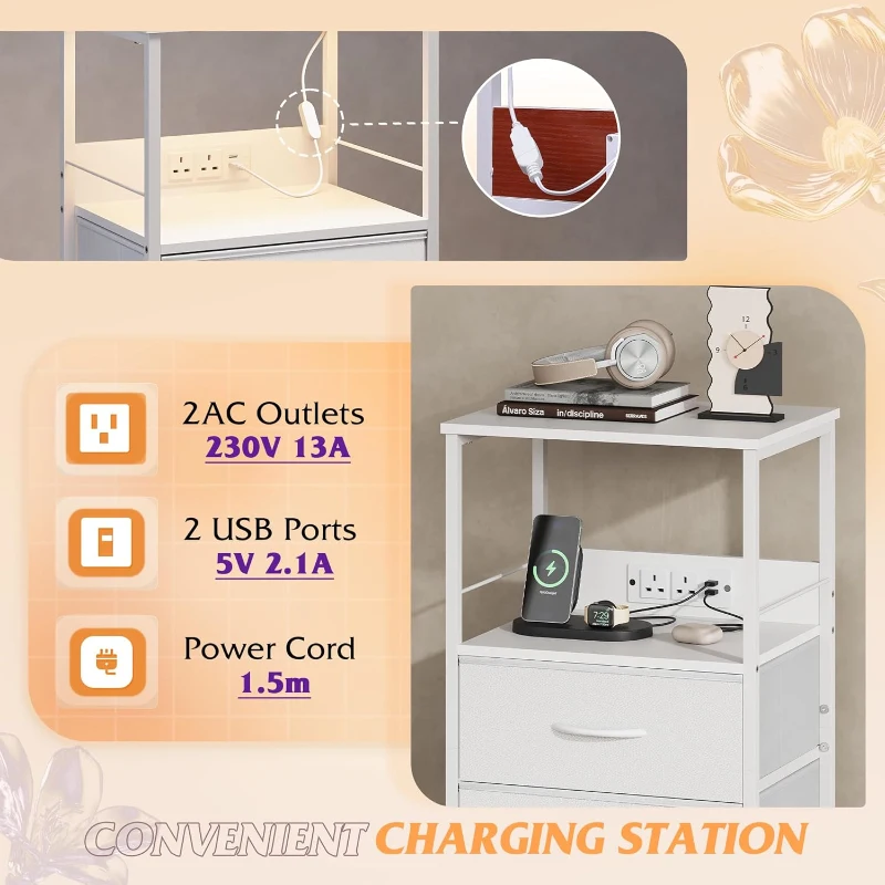 WLIVE LED Lit Bedside Cabinet, Comes with Drawers and Integrated Charging Station, Practical Side Table Ideal for Bedroom, Living Room and Small Spaces, White