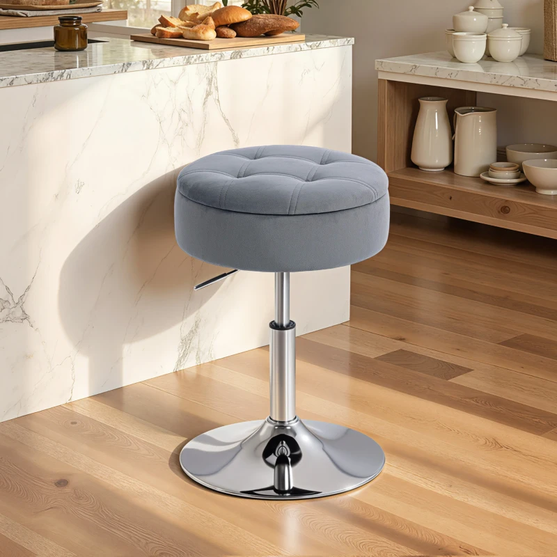 HOMCOM Barhocker, Bistrohocker mit Stauraum, Drehbar Barstuhl, Höhenverstellbar Küchenhocker mit Samtbezug, 39x39x65 cm, Grau
