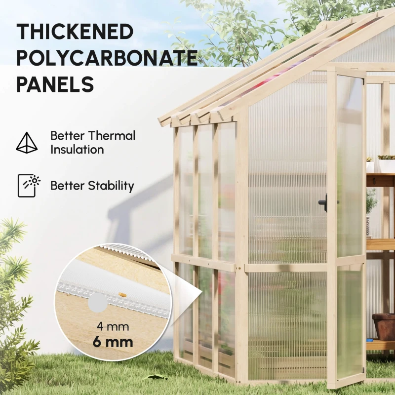 Outsunny 6.6 x 6ft Polycarbonate Greenhouse, Walk-in Wooden Greenhouse with Lockable Door and Window, Garden Plants Grow House, Brown