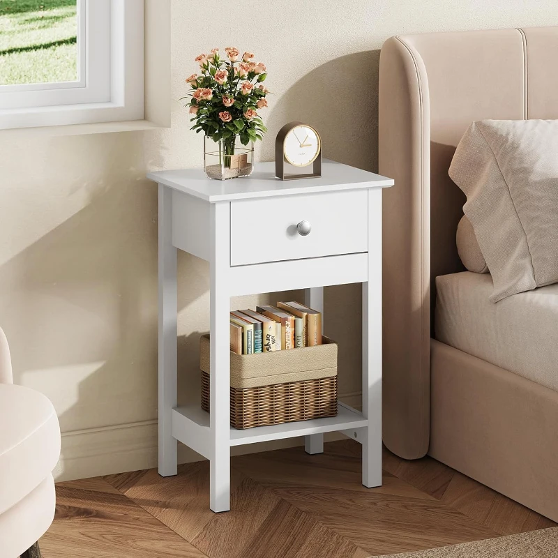 WLIVE Wooden Bedside Table, Nightstand with Shelf Drawer, Wooden Side Sofa Tables, for Small Spaces, End Tables for Living Room, Bedroom (2, White)