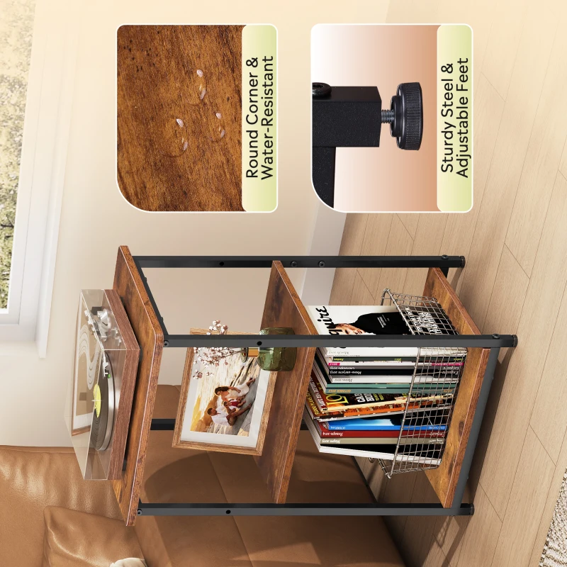 WLIVE 3-Tier Side Table, Built with Robust Steel Frame and Adjustable Feet, Top Shelf Comes with 19kg Load Bearing, Suitable for Living Room, Bedroom and Office, Rustic Brown