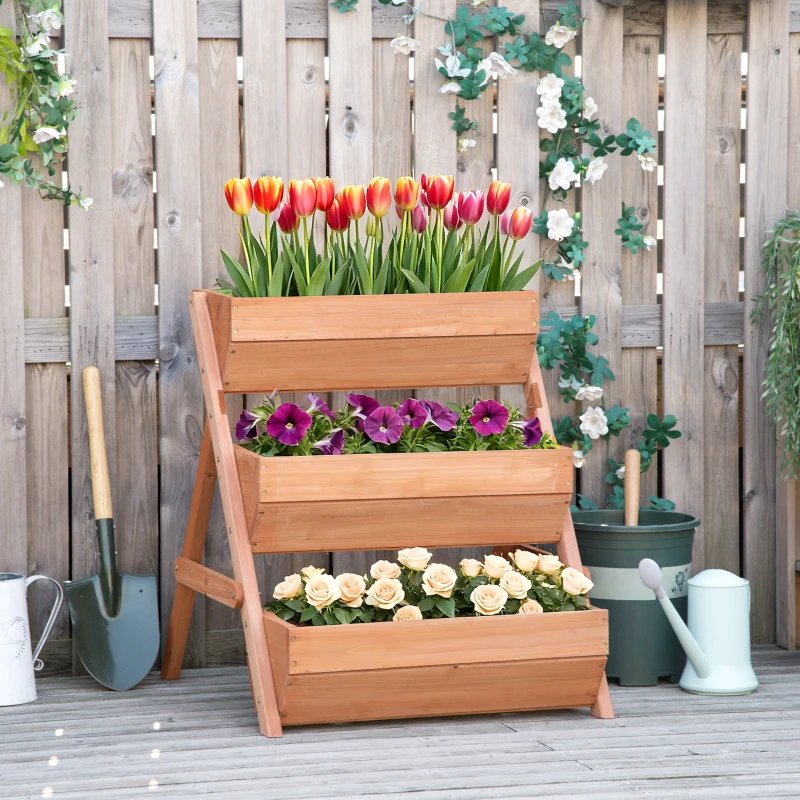 Outsunny 3 Tier Raised Garden Bed Wooden Elevated Planter Box Kit, 66L for Flower, Vegetable, Herb, 65x75x78cm, Brown