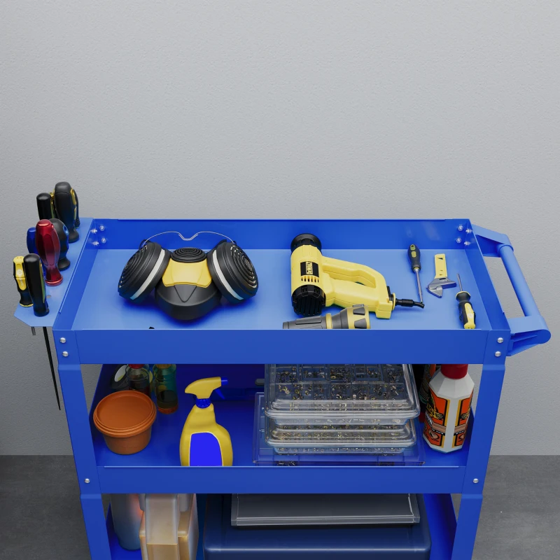 DURHAND 3-stufiger Werkzeugwagen, 4 Rollen, Stahl, 83B x 35,3T x 76H cm, Blau