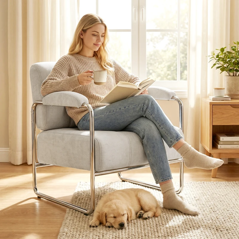 HOMCOM Moderner Sessel, Akzentstuhl mit breitem Sitz und dicker Polsterung, Chenille-Polsterstuhl fürs Wohnzimmer, Beige