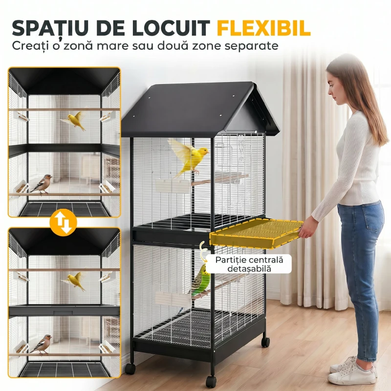 PawHut Colivie Mare pentru Păsări cu Roți, Stinghii, Acoperiș și Hrănitori, pentru Papagali și Canari, Negru