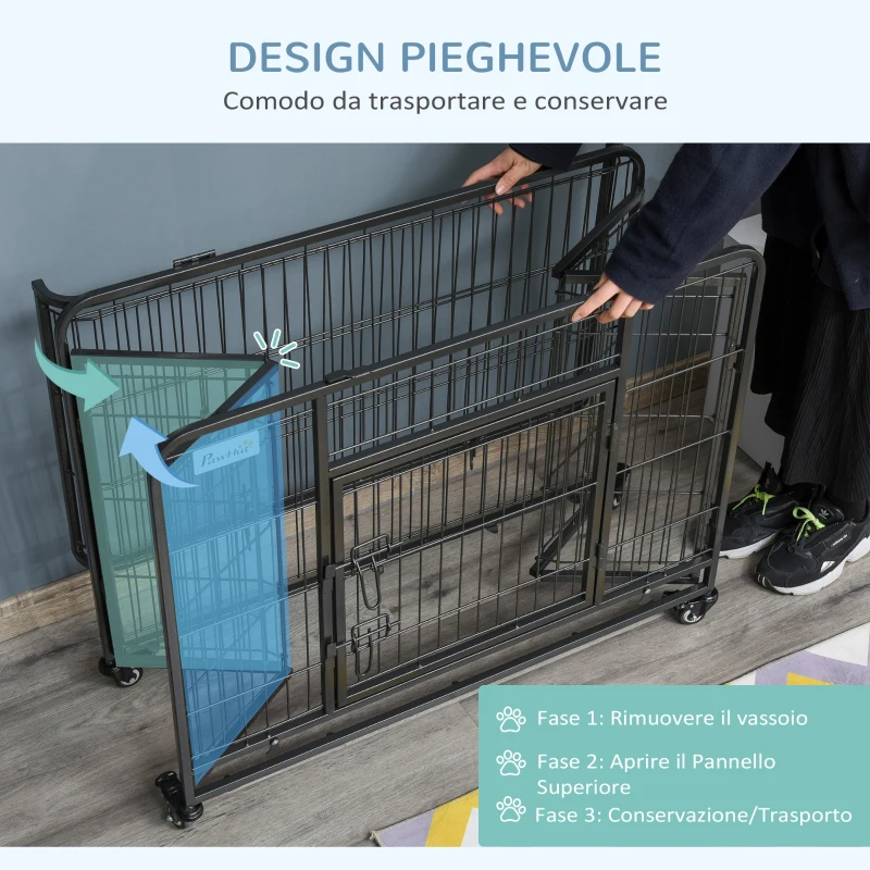 PawHut Kennel per Cani Pieghevole a Doppia Porta con Blocco, 4 Ruote con Freno e Fondo Rimovibile, 94x58x69.5 cm, Grigio