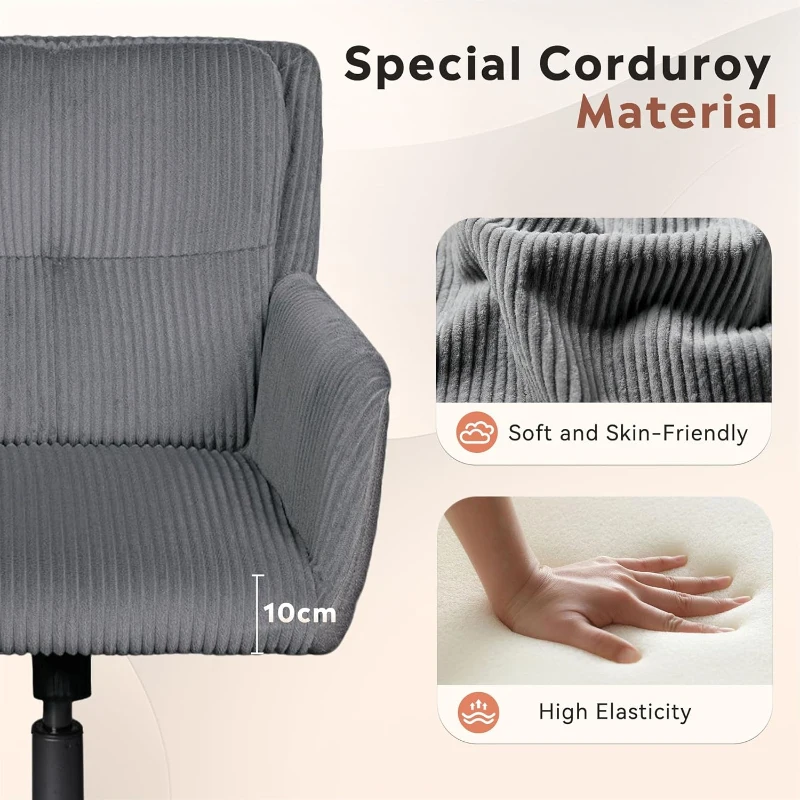 DEVAISE Vanity Chair with Silent Wheels, Height Adjustable Swivel Corduroy Chair for Dressing Table, Easy Assembly Ideal for Home Bedroom and Living Room, Charcoal Grey