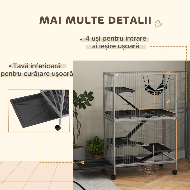 PawHut Cușcă pentru Rozătoare cu 4 Intrări și Niveluri Multiple, cu Hamac, din Metal și PP, 80x52x128 cm, Argintiu și Gri