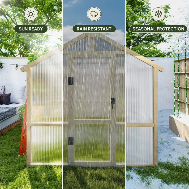Outsunny 6.6 x 6ft Polycarbonate Greenhouse, Walk-in Wooden Greenhouse with Lockable Door and Window, Garden Plants Grow House, Brown