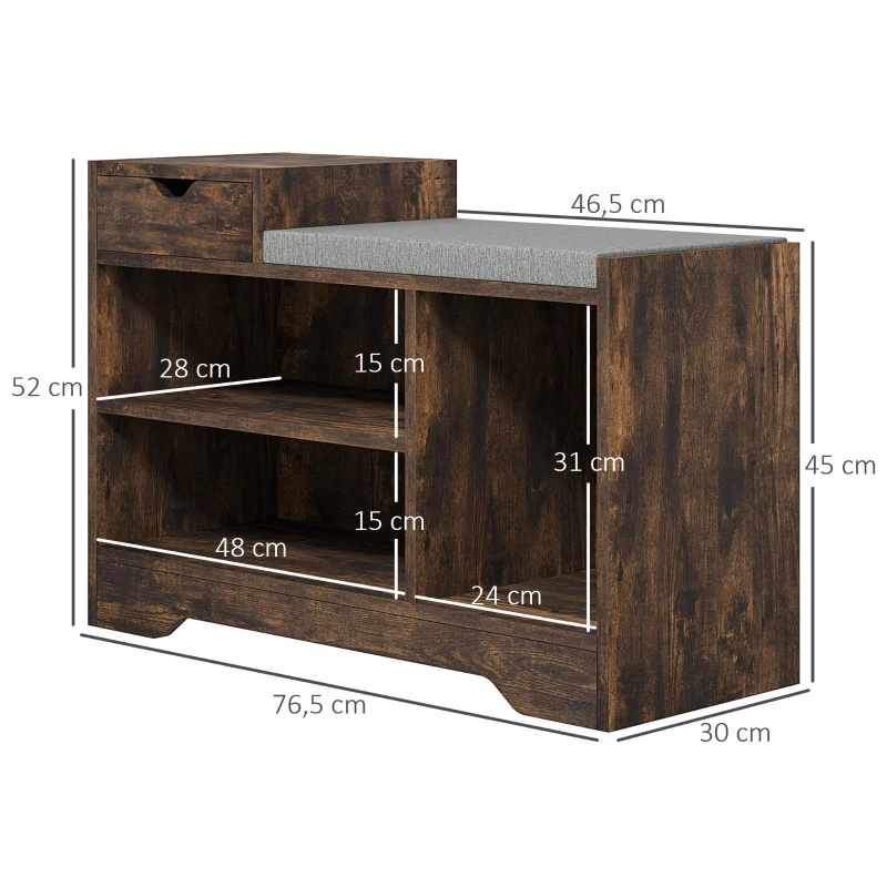HOMCOM Móvel e Banco para Sapatos, 1 Gaveta e 3 Compartimentos, Capacidade 5 Pares, MDF, 76,5 x 30 x 52 cm, Castanho