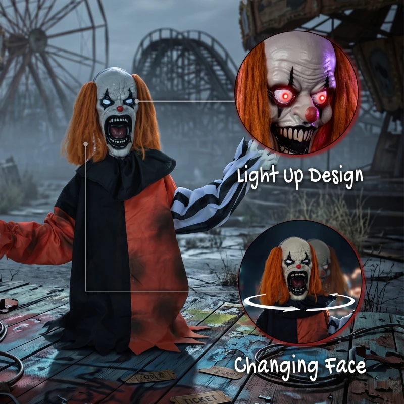 HOMCOM Animated Halloween Face Changing Clown, Animatronic Joker with Cackling Sound, Glowing Eyes, Sound/Touch Activated