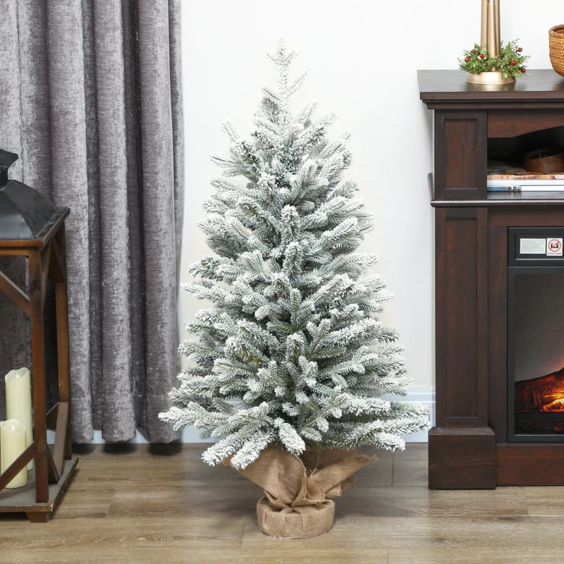 HOMCOM Mini Künstlicher Weihnachtsbaum 90 cm künstlich Tannenbaum mit Schnee, 486 Spitzen Zementbasis Leinenbezug
