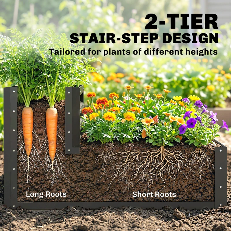 Outsunny 2 Tier Raised Garden Bed, Galvanised Planter Box with Open Bottom for Vegetables Flowers Herbs, 120x101x58cm, Dark Grey